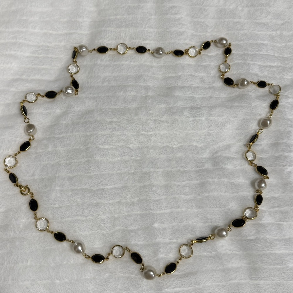 Vintage Faux Pearl Black & Clear Crystal Station Necklace Gold Tone Long Necklac